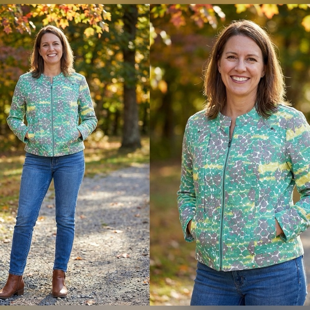 Women’s Green Patterned Zip-Front Jacket